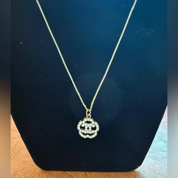 Chanel Crystal CC Flower Charm Pendant w/16” Gold Plated Necklace & Packaging - Picture 3 of 14
